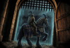 Caballero de las Leyendas de Korian montando un caballo asustado frente a una puerta hacia la niebla oscura.