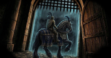 Caballero de las Leyendas de Korian montando un caballo asustado frente a una puerta hacia la niebla oscura.