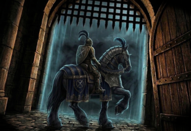 Caballero de las Leyendas de Korian montando un caballo asustado frente a una puerta hacia la niebla oscura.