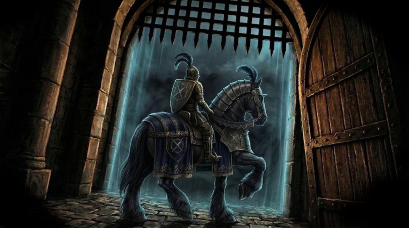 Caballero de las Leyendas de Korian montando un caballo asustado frente a una puerta hacia la niebla oscura.