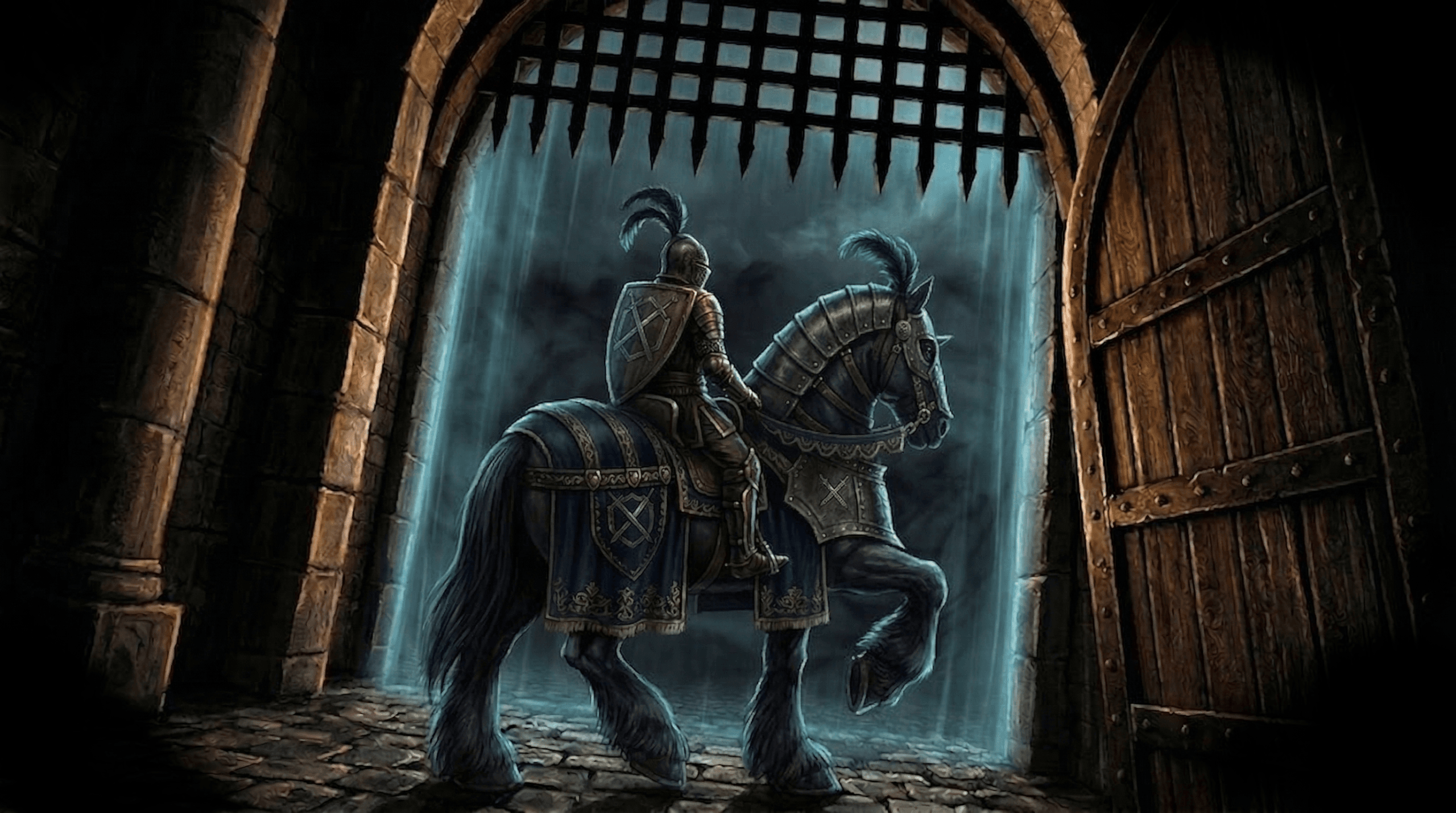 Caballero de las Leyendas de Korian montando un caballo asustado frente a una puerta hacia la niebla oscura.